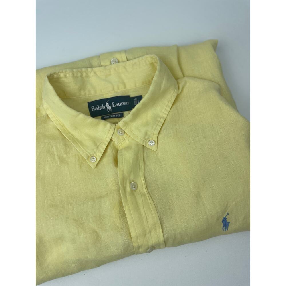Ralph Lauren Y2K 100% Linen Shirt Men’s L Custom Fit Canary Yellow Blue Pony